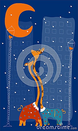Two giraffes in love by the moon Vector Illustration